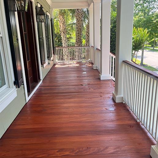 High-gloss stained porch deck boards